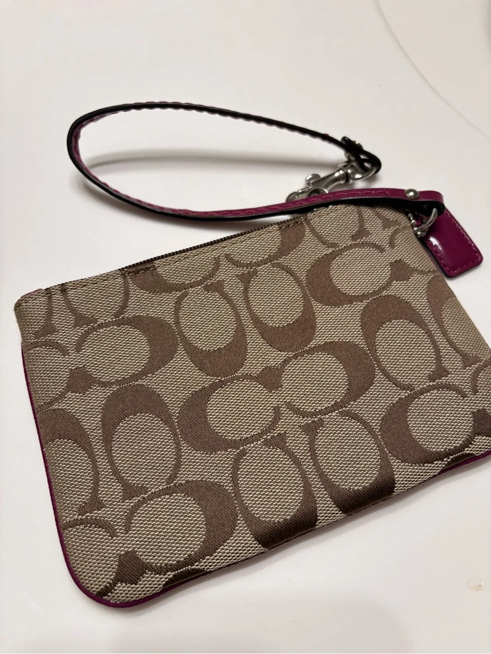 Coach Brown Signature Canvas Wristlet with Berry Trim